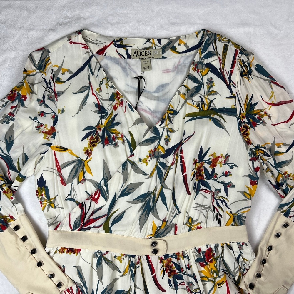 Alices Pig Ciaras Cuff Floral Dress Wrap Fit Flare Boho Prairie Cream Size 10